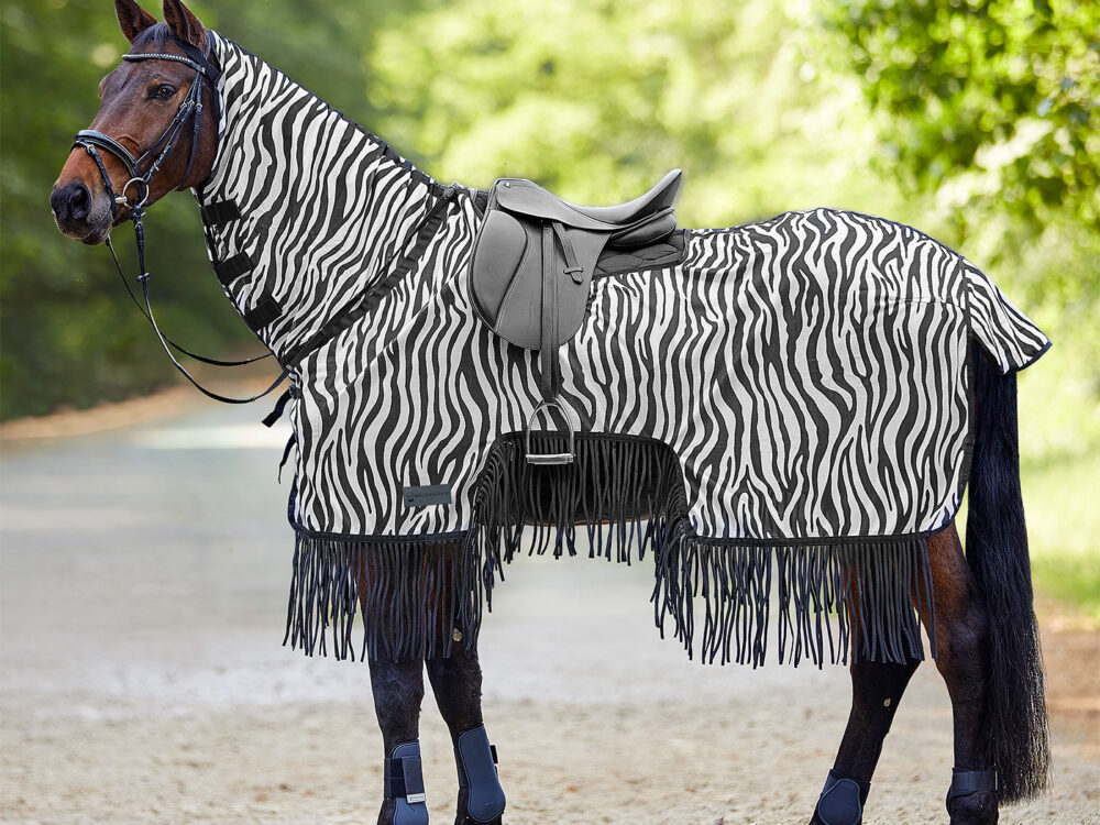 Waldhausen vliegendeken with saddle cut and fringes, Zebra, 115 cm